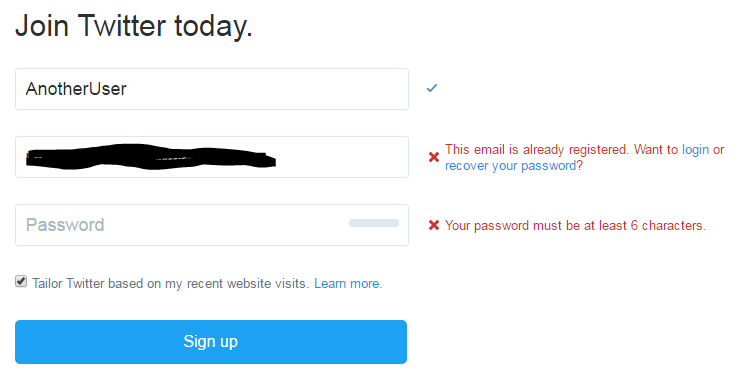 CannotSignUpForTwitterWithTheSameEmailAddressUsingTwoDifferentUserNames